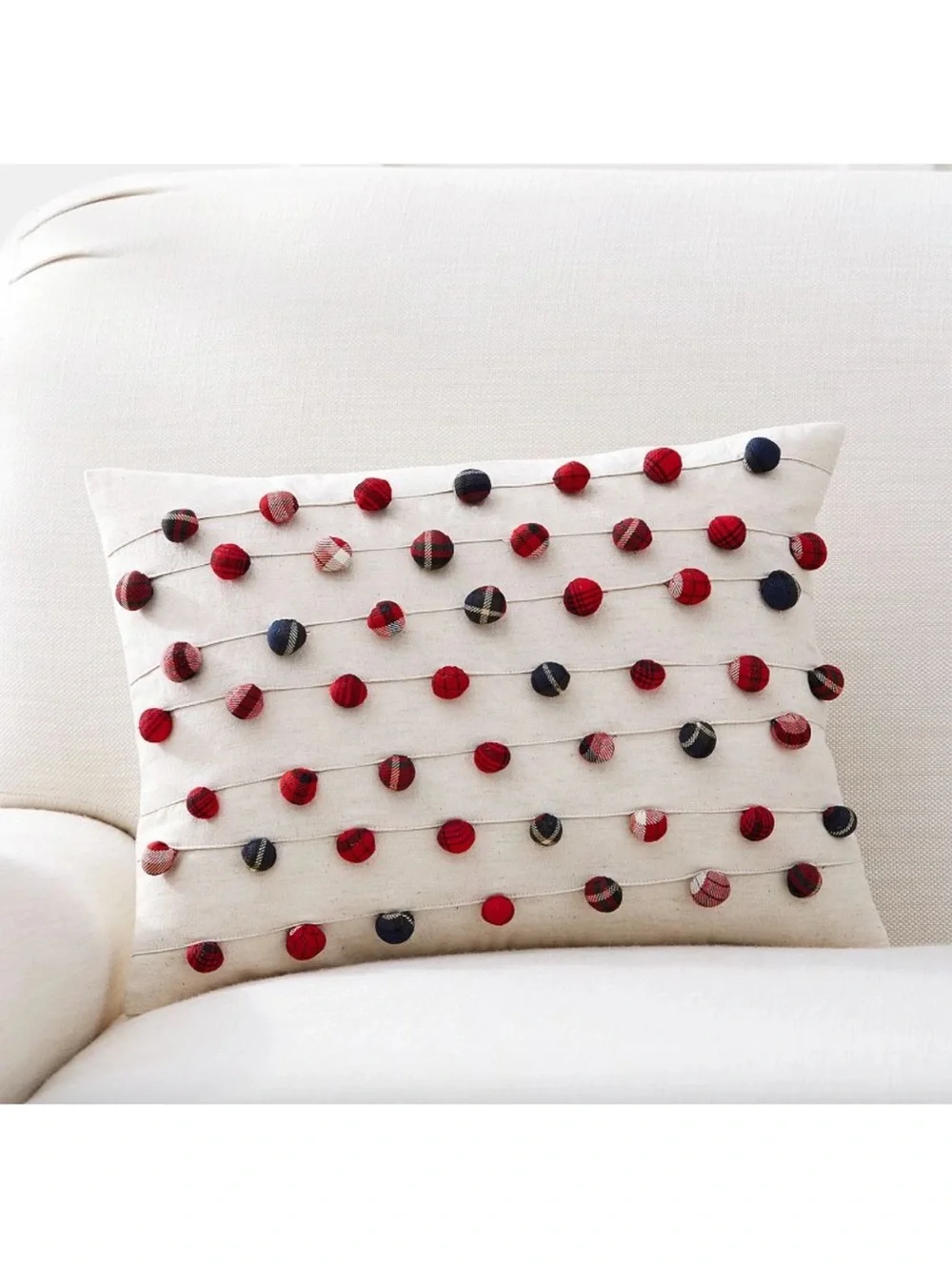 Pottery Barn Cream Pillow with Red and Navy Pom Dots